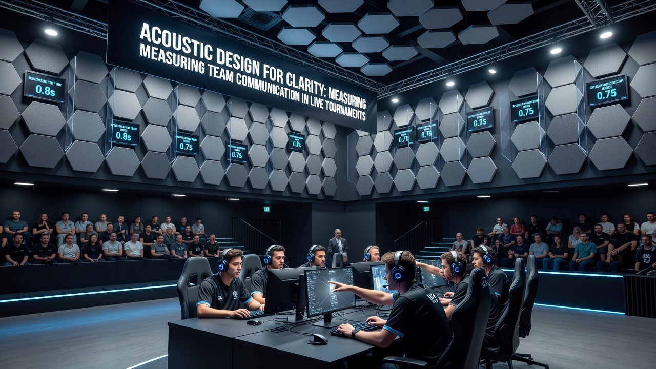 Acoustic panels and sound diffusion structures installed throughout a large esports tournament hall with seating and stage setup