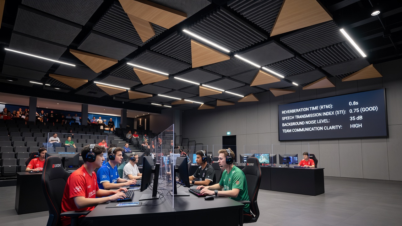 Close-up view of directional microphone arrays and acoustic baffles positioned around competitor stations in a tournament hall