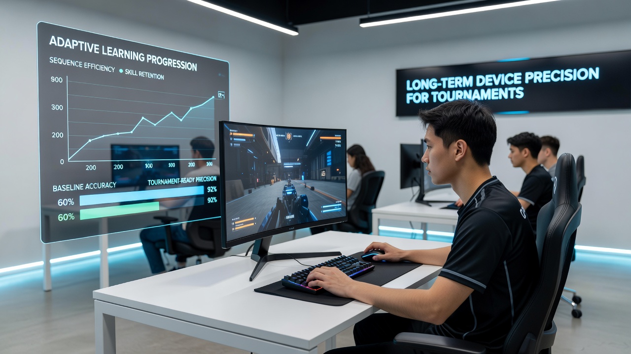 Close-up of adaptive gaming instruction interface displaying precision metrics for tournament athletes