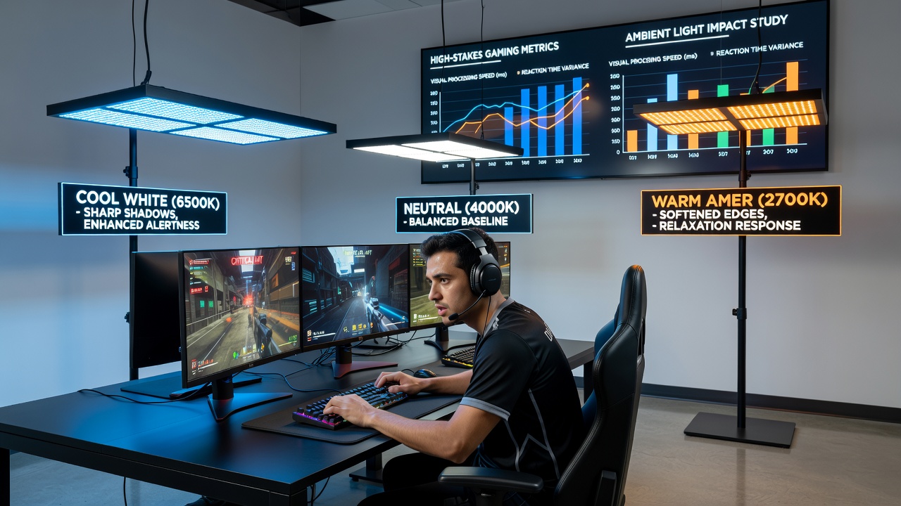 Close-up of calibrated ambient lighting around gaming monitors in a tournament setting