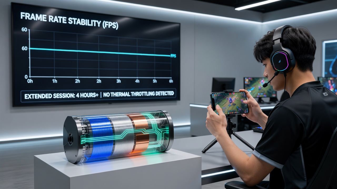 Close-up view of battery cell testing rig with temperature sensors during esports simulation