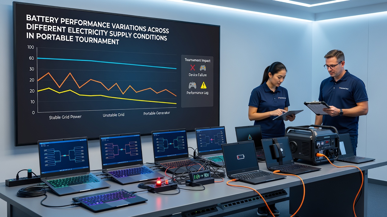 Close-up of battery monitoring software displaying voltage and temperature readings during a tournament session