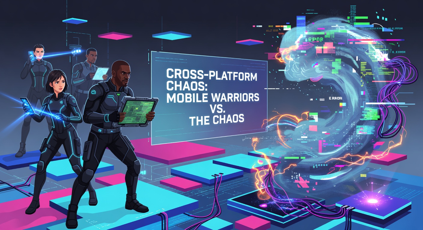 Intense cross-platform gaming session with mobile device on one side facing off against a console setup and PC rig on the other, illustrating graphical fidelity gaps and performance struggles