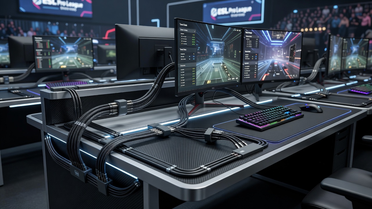 Close-up view of shielded cables routed through ergonomic channels with ferrite cores in an esports station