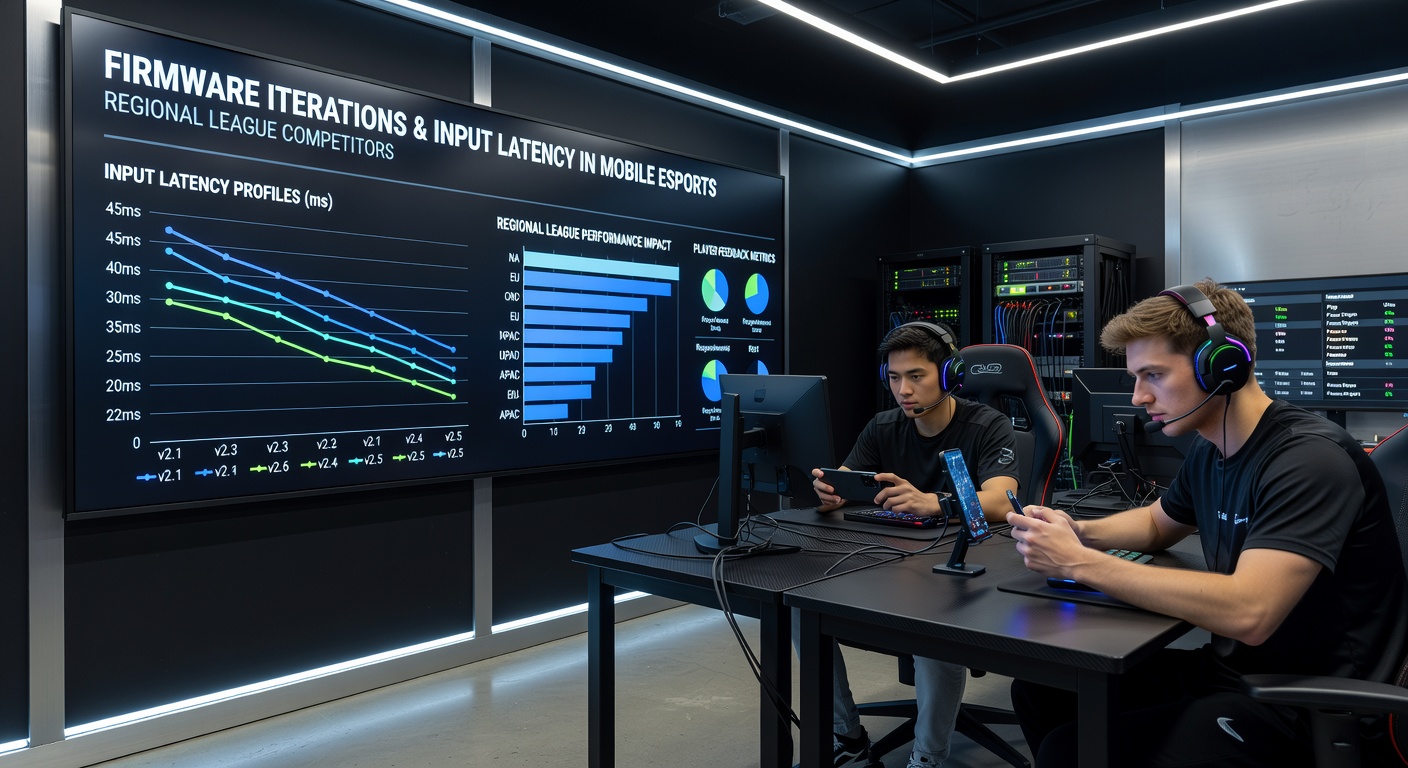 Technical setup showing latency testing equipment used during mobile esports events with measurement displays active