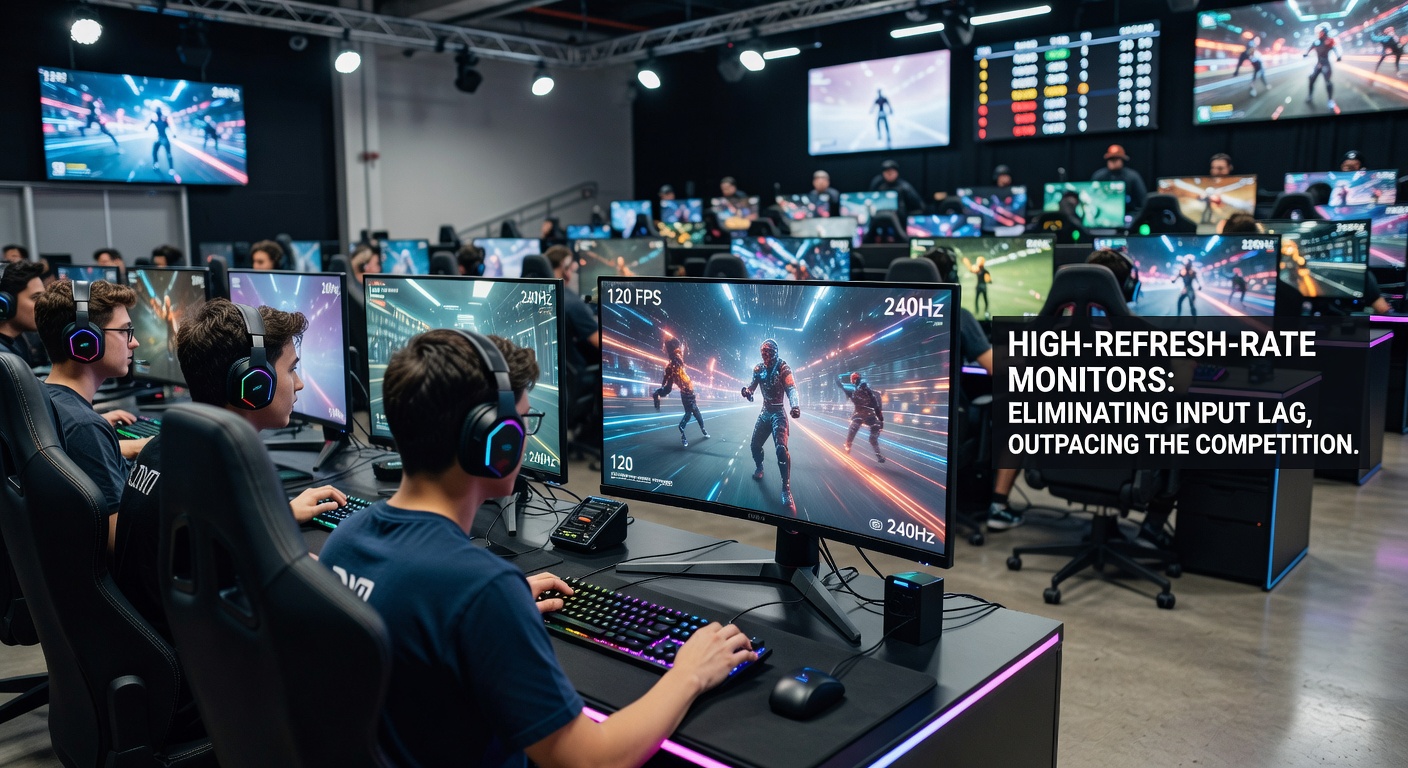 A pro gamer intensely focused on a high-refresh-rate monitor during an esports tournament, displaying crisp, fluid gameplay frames