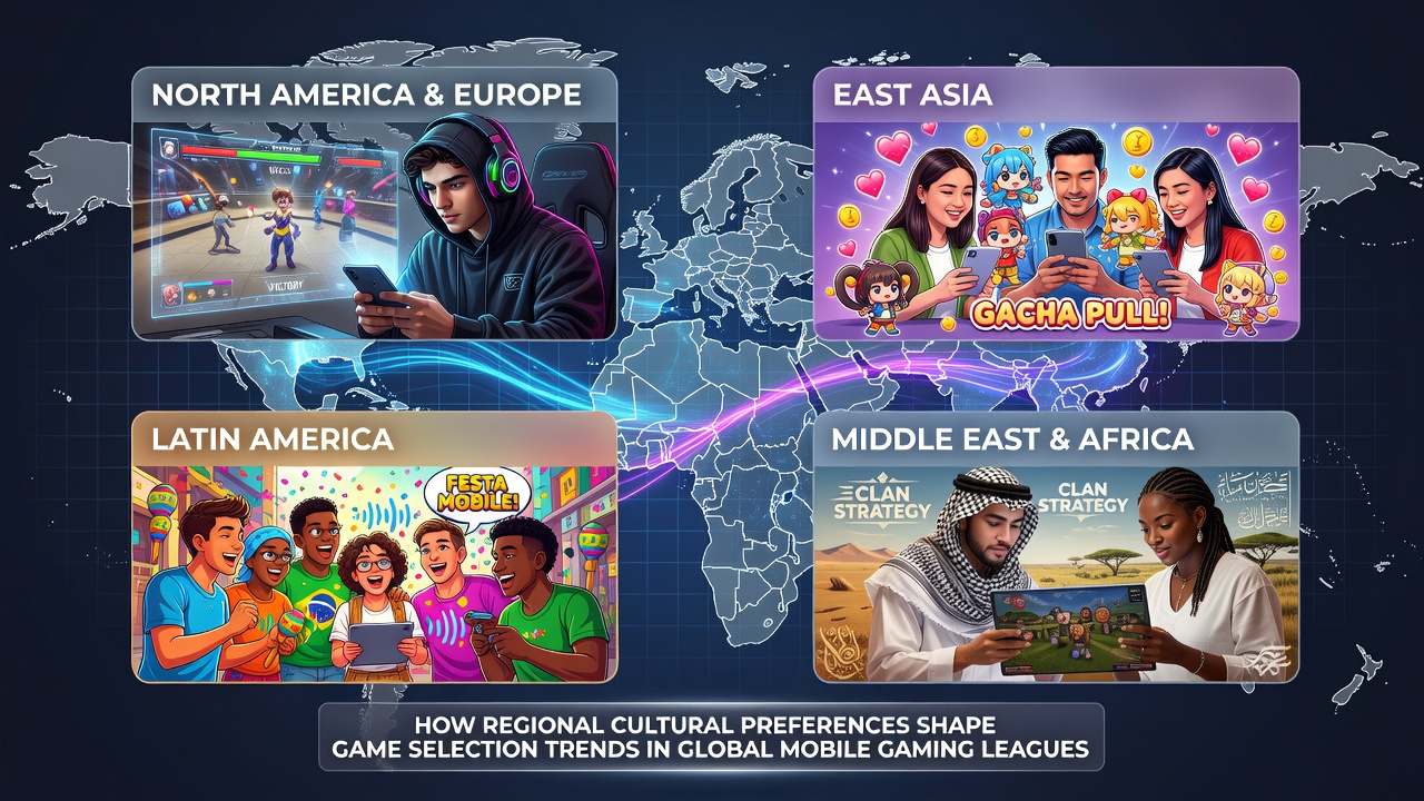 Players from diverse regions competing in mobile esports leagues, highlighting varied game selections influenced by cultural backgrounds