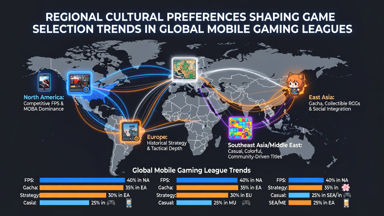 Mobile gaming league interface showing regional game popularity charts and cultural adaptation examples from 2026 tournaments