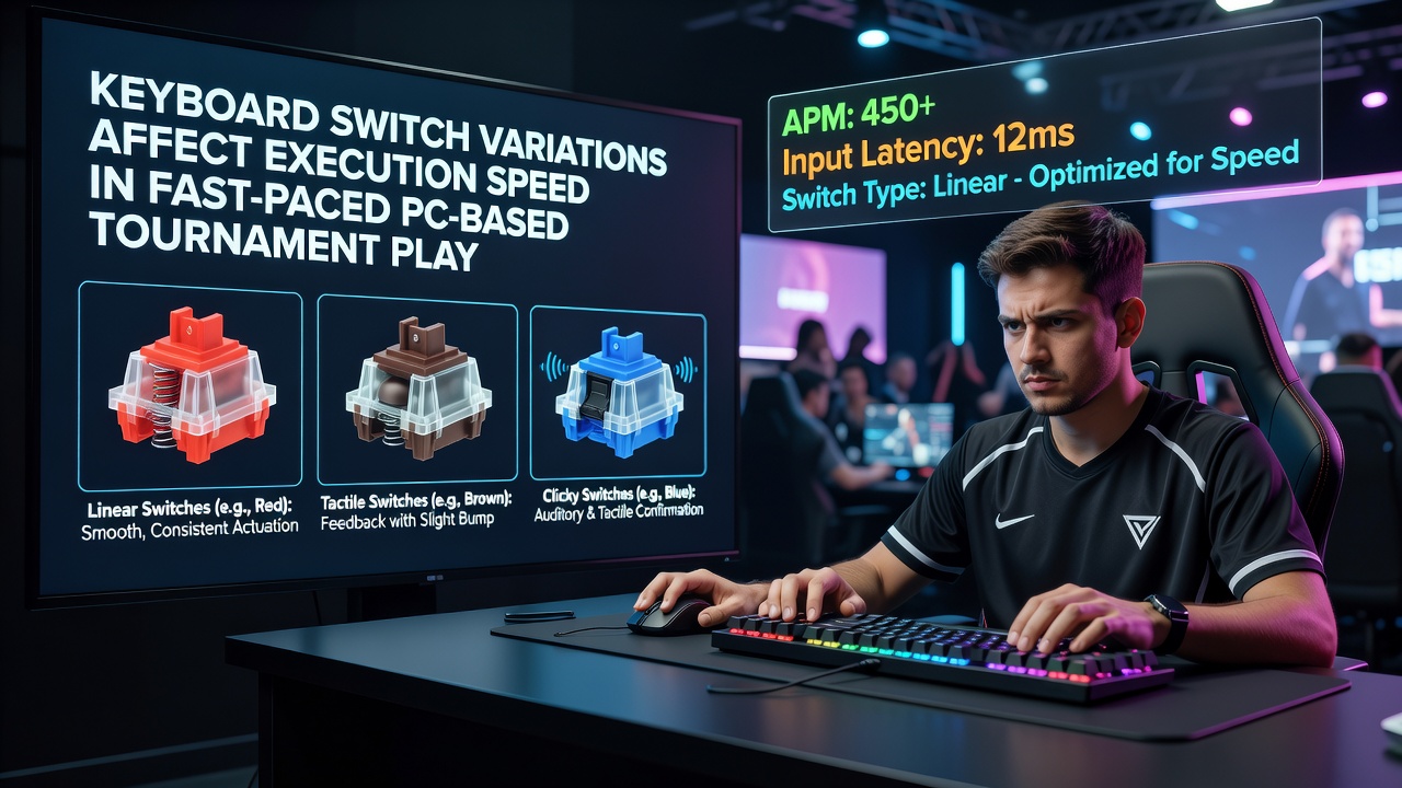 Tournament player testing keyboard response during a high-stakes PC match