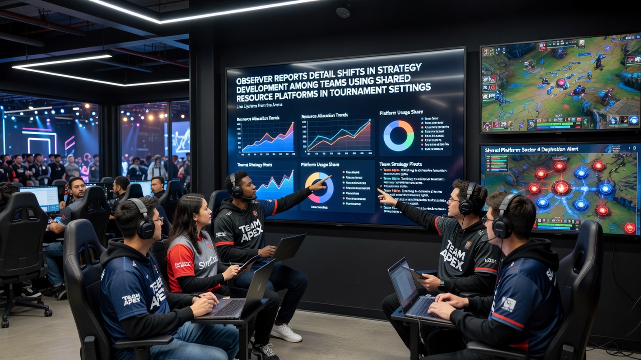 Teams coordinating around shared resource dashboards during a live esports tournament match