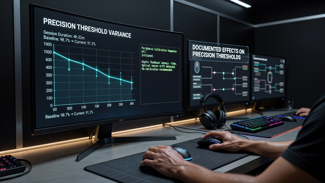 Close-up view of a calibrated gaming mouse and controller setup on a tournament desk with precision tracking overlays