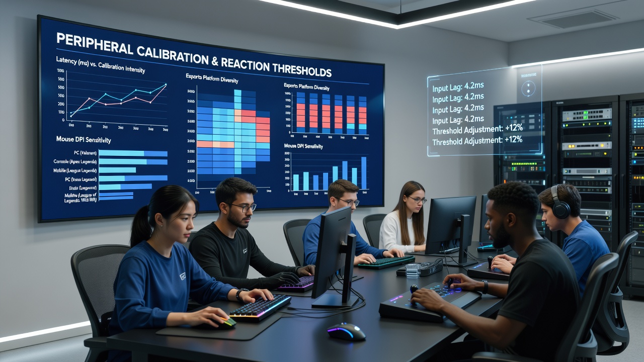 Esports player calibrating a gaming mouse on a high-end PC setup with multiple monitors displaying calibration software