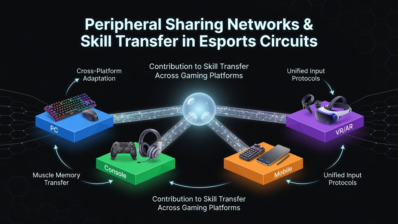 Esports athletes using shared peripherals across PC and console setups during a training session