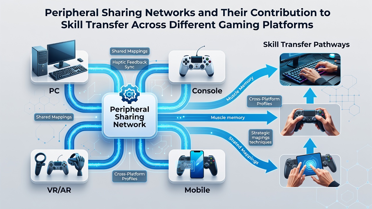 Diagram illustrating peripheral sharing network connections between different gaming platforms in an esports training facility