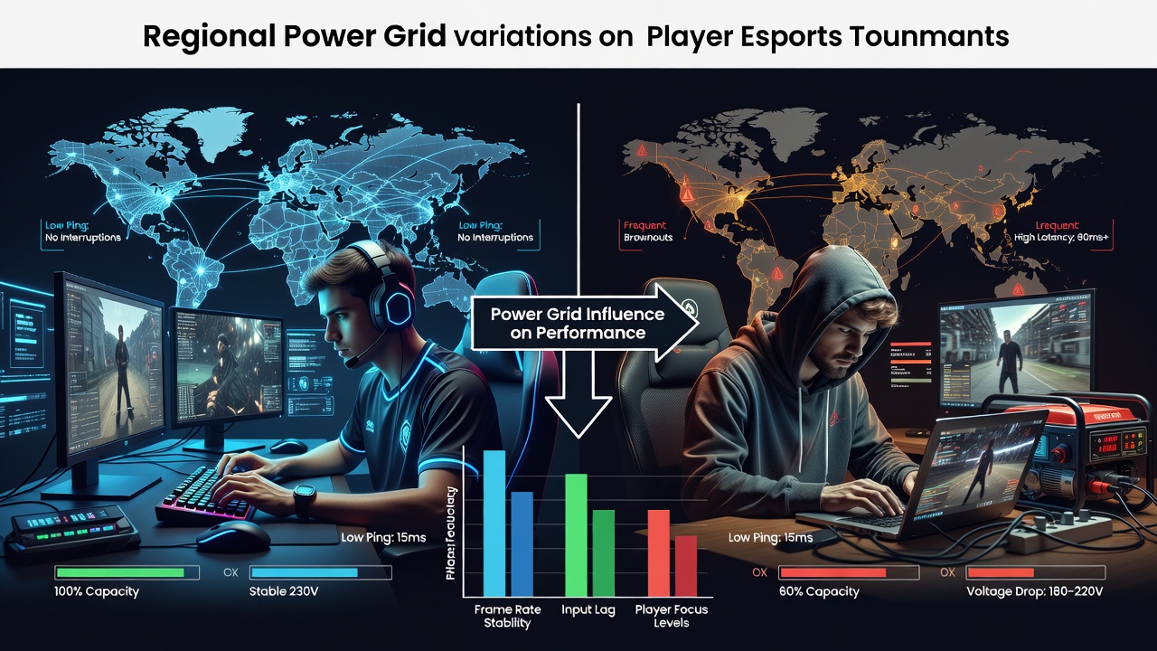 Power grid infrastructure variations across different global regions affecting portable esports setups