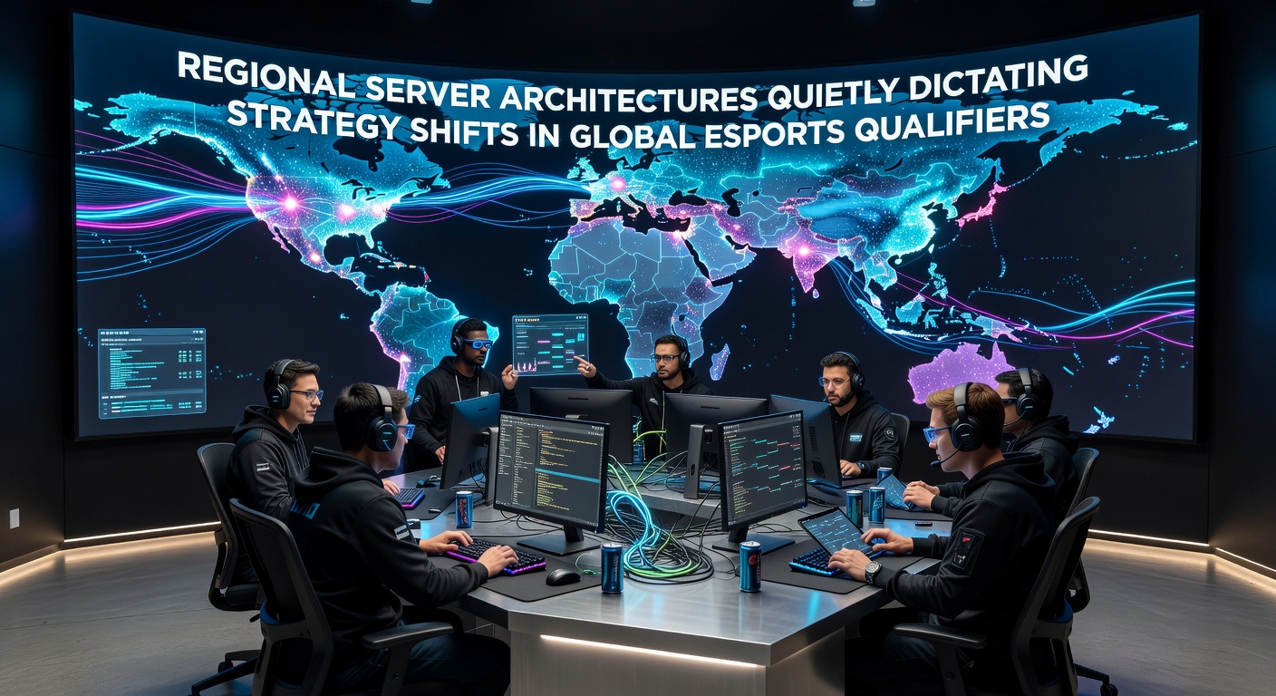 Esports analysts reviewing regional ping data and strategy adjustments on multiple monitors