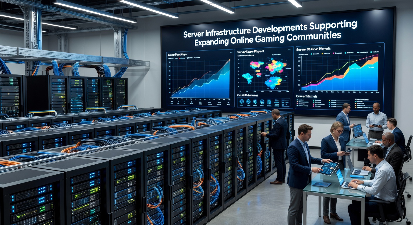 Network engineers monitoring server performance metrics on multiple displays in a control room