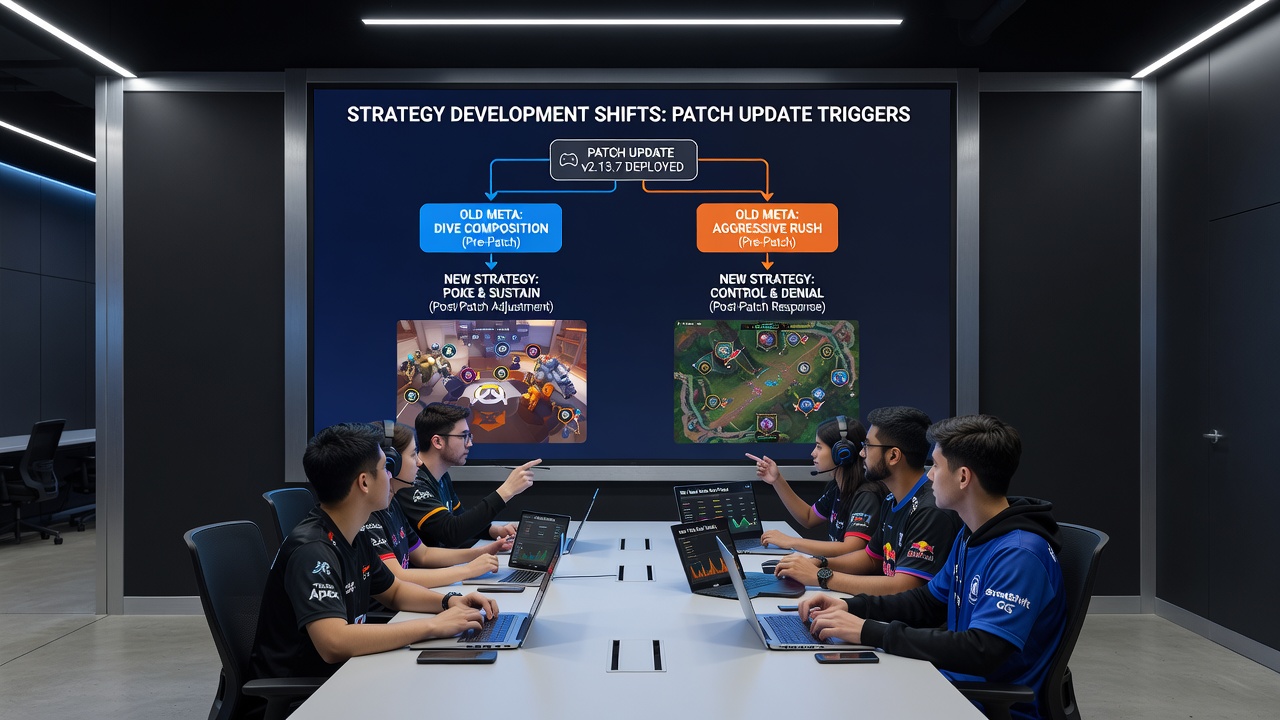 Esports analysts reviewing updated patch notes and simulation data on multiple monitors during a live tournament broadcast