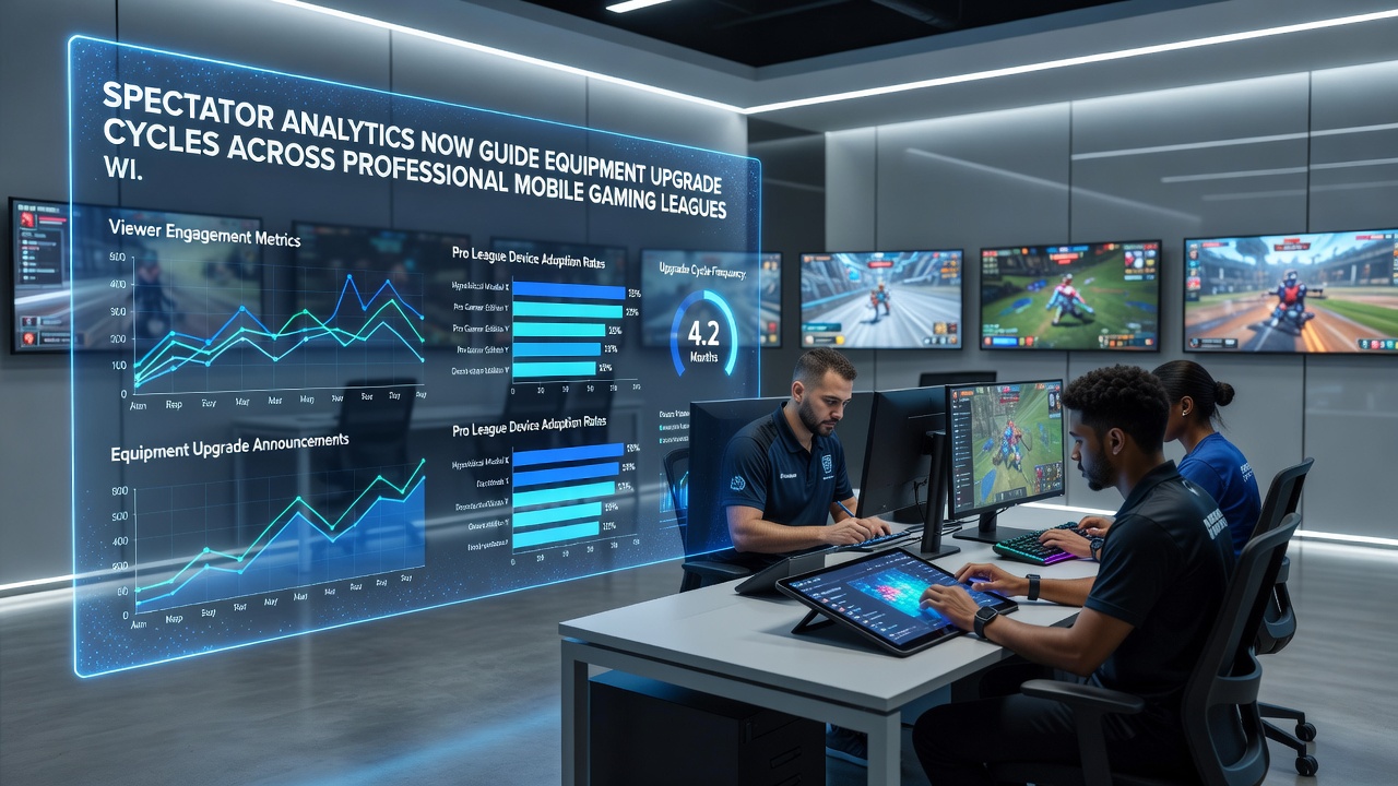 Mobile esports players competing on sponsored devices during a live broadcast with overlaid analytics