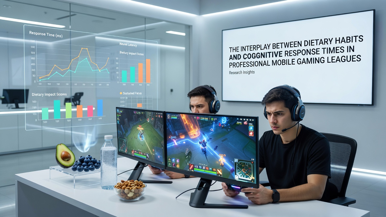Professional mobile gamers at a tournament table with energy drinks and healthy snacks visible during competition