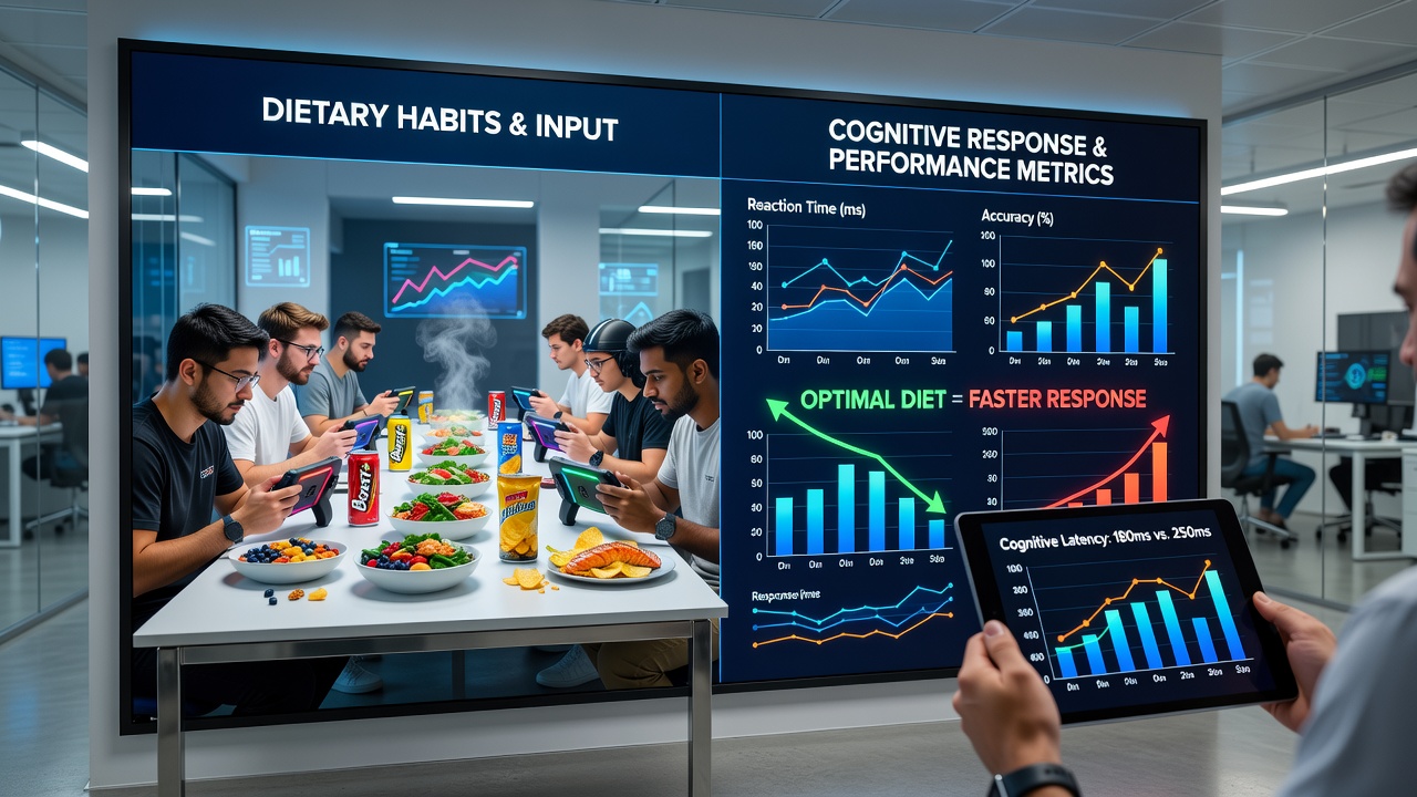 Close-up of a mobile esports athlete reviewing nutrition logs on a tablet between tournament matches