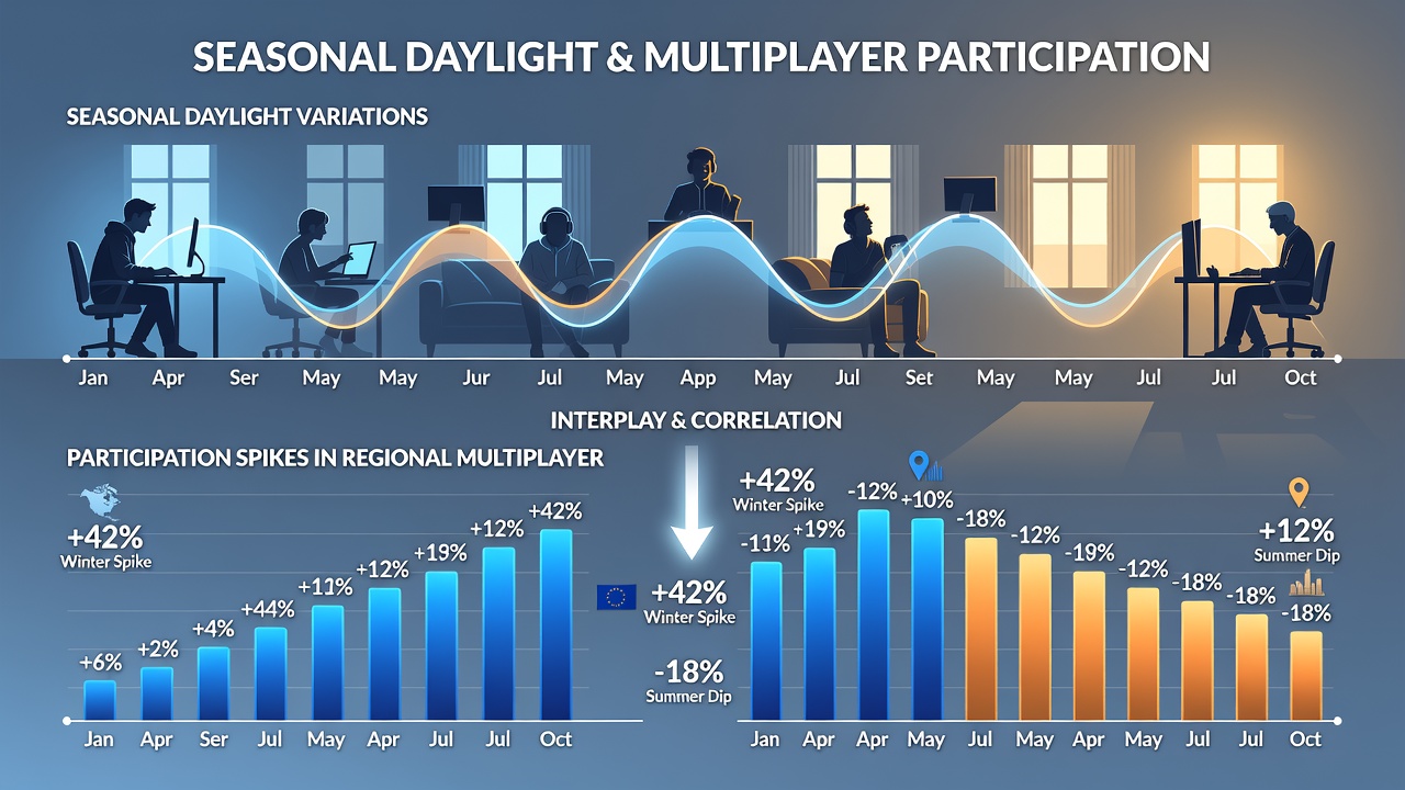 Graphs and maps illustrating participation spikes tied to seasonal daylight changes in different global regions