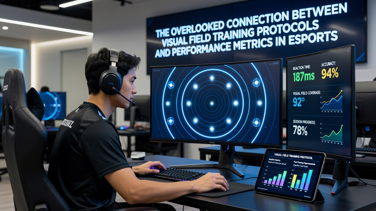 Dashboard displaying esports performance metrics including reaction times and accuracy scores before and after visual training